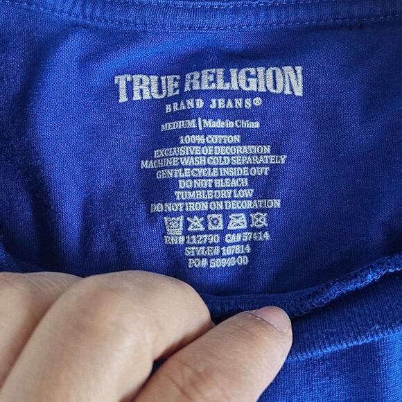 Men's True Religion Buddha & Horseshoe Logo T-Shirt Blue Short Sleeve Medium - Picture 4 of 6